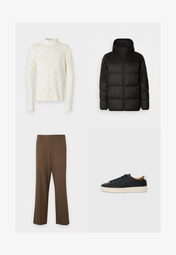 Czarna kurtka puchowa z zapięciem na zamek, kapturem, pikowanymi sekcjami i elastycznymi mankietami, wykonana z gładkiego, wodoodpornego materiału.; Sweter w kremowym kolorze z wysokim kołnierzem, z wzorem w romby i prążkowanymi mankietami oraz hemem. Miękka tekstura, długie rękawy.; Brązowe spodnie o prostych nogawkach wykonane z teksturowanej tkaniny, z zapięciem na guzik oraz standardowym pasem, wyposażone w boczne kieszenie i szyte szwy.; Czarne skórzane trampki o gładkiej fakturze, jasnobrązowa gumowa podeszwa, sznurowana konstrukcja i kontrastujący akcent na pięcie.