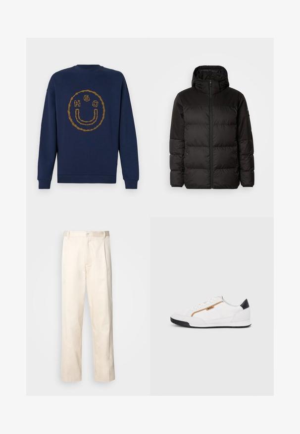 Mustikas puffer-jakk sisaldab tõmblukku, kapuutsi, tikandiga osi ja elastseid mansette, valmistatud siledast veekindlast materjalist.; Tumesinine dressipluus, millel on naaskeltraadi kujundusest moodustunud naeratav nägu ja tähed H, G ja O ringi sees rinnaosas.; Beesidised puuvillased püksid sirge jala lõikega, mis on varustatud nööpkinnituse ja ees olevate voltidega, et lisada detaili.; Valged sportlikud jalatsid, millel on võrkkangas ja nahkdetailid. Omab kuldset "BOSS" logo, tekstureeritud külgpaneele ja musta kontsakaant. Kummist tallad.