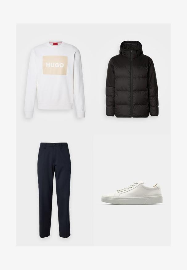 Zwarte pufferjas met ritsluiting, een capuchon, gequiltte secties en elastische manchetten, gemaakt van een glad, waterafstotend materiaal.; Witte sweatshirt met een pastelkleurige beige rechthoekige logo waarop "HUGO" in het wit staat. Voorzien van een ronde hals en geribbelde manchetten. Zachte, gestructureerde stof.; Marineblauwe broek van gladde stof, met een knoop aan de voorkant, recht model en zijzakken. Geen patronen of versieringen zichtbaar.; Witte leren sneaker met een ronde neus, minimalistisch ontwerp, grijze veters en een gestructureerde grijze rubberen zool. Fijne stikdetails zichtbaar.