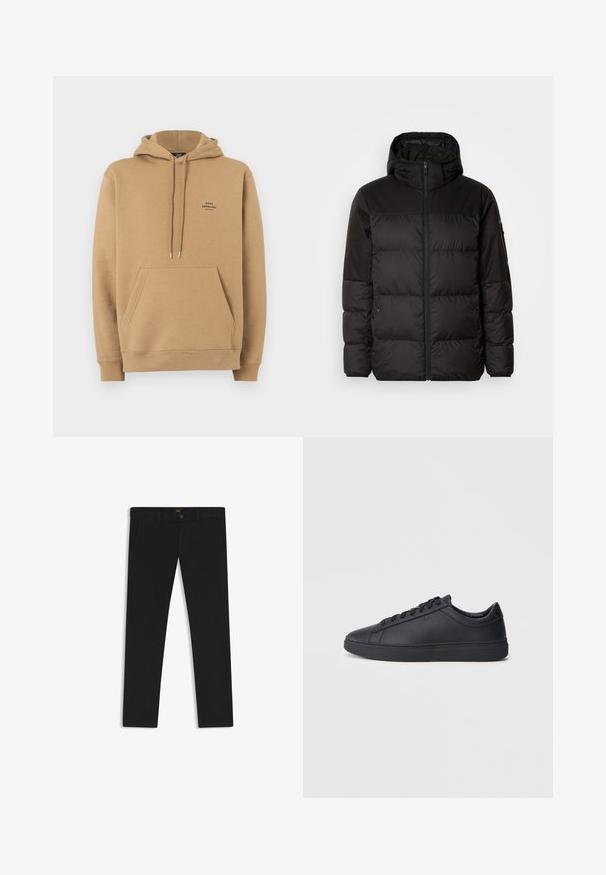 Il giubbotto puffo nero presenta una chiusura con zip, un cappuccio, sezioni trapuntate e polsini elastici, realizzato in un materiale liscio e resistente all'acqua.; Felpa con cappuccio color sabbia in cotone, dotata di tasca frontale, polsini a costine e un piccolo logo sul petto. Presenta un cappuccio con cordoncino e una texture morbida.; Pantaloni neri realizzati in tessuto con una superficie liscia. Presentano una chiusura con bottone, passanti per cintura e tasche laterali. Design a gamba dritta standard.; Sneakers neri realizzati in pelle liscia, con design a bassa cima, punta rotonda e suola piatta in gomma. Presentano lacci e un branding discreto.
