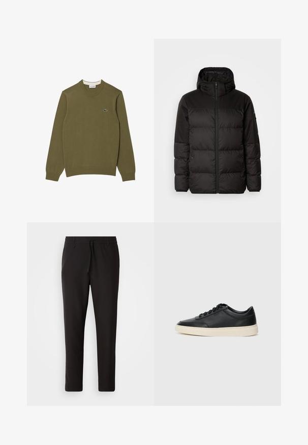 Il giubbotto puffo nero presenta una chiusura con zip, un cappuccio, sezioni trapuntate e polsini elastici, realizzato in un materiale liscio e resistente all'acqua.; Maglione verde oliva realizzato in tessuto morbido, con collo rotondo a coste e polsini, dotato di un piccolo logo ricamato sul petto.; Pantaloni jogger neri realizzati in tessuto liscio. Presentano una vita elasticizzata con stringa, gambe affusolate e senza tasche visibili. Design semplice.; Sneaker in pelle nera a basso profilo con lacci neri e suola avorio, mostrato di profilo su sfondo bianco.