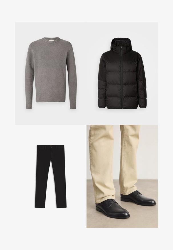 Black puffer jacket features a zip closure, a hood, quilted sections, and elastic cuffs, made from a smooth, water-resistant material.; DRYKORN LEANDO - Jumper - grey; Black trousers made of fabric with a smooth texture. Features a button closure, belt loops, and side pockets. Standard straight-leg design.; Black leather lace-up shoes with a rounded toe, smooth finish, and subtle stitching details, worn with light beige pants.