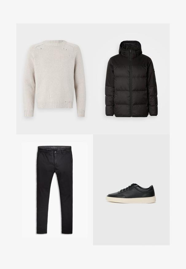 Il giubbotto puffo nero presenta una chiusura con zip, un cappuccio, sezioni trapuntate e polsini elastici, realizzato in un materiale liscio e resistente all'acqua.; Maglione lavorato a maglia di un beige chiaro con scollo rotondo, maniche lunghe e dettagli strappati sulla parte anteriore e sull'orlo. Polsini a costine texturizzati.; Chinos neri in cotone con vestibilità affusolata, dotati di cinque tasche, passanti per cintura e una superficie liscia. Chiusura con zip e bottone.; Sneaker in pelle nera a basso profilo con lacci neri e suola avorio, mostrato di profilo su sfondo bianco.