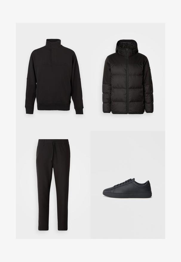 A fekete steppelt dzseki cipzáros záródással, kapucnival, steppelt részekkel és rugalmas mandzsettákkal rendelkezik, sima, vízálló anyagból készült.; Fekete pulóver, puha pamut keverékből készült, magas nyakkal és gombos záródással, bordázott mandzsettákkal, valamint laza szabással.; Fekete jogger nadrág sima anyagból. Rugalmas derekú, húzózsinórral, tapered lábakkal és látható zsebek nélkül készül. Egyszerű dizájn.; Fekete sportcipők sima bőrből, alacsony szárú kivitelben, kerek orral és lapos gumitalppal. Zsinóros rögzítéssel és diszkrét márkajelzéssel rendelkezik.