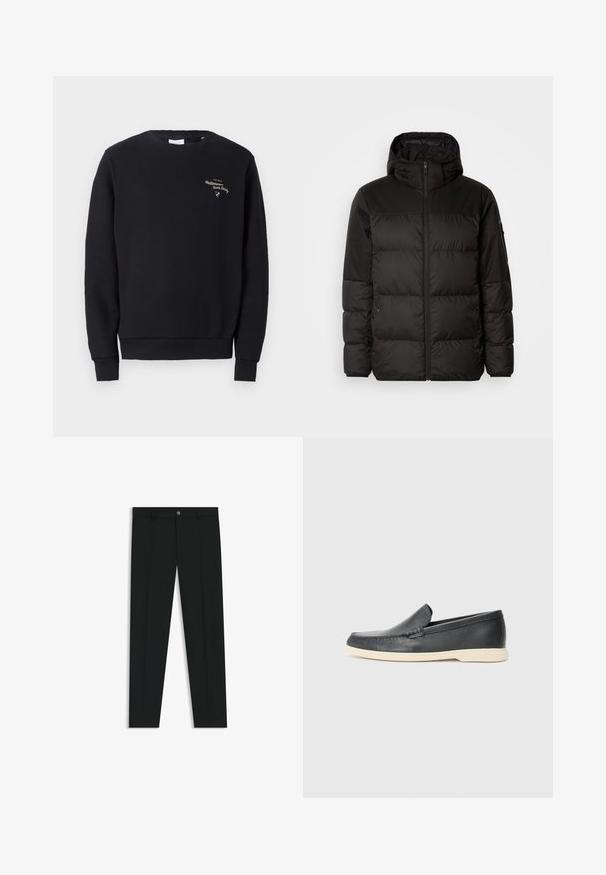 Il giubbotto puffo nero presenta una chiusura con zip, un cappuccio, sezioni trapuntate e polsini elastici, realizzato in un materiale liscio e resistente all'acqua.; Felpa nera in cotone, con collo rotondo, polsini e orlo a costine, e testo ricamato in oro sul petto.; Pantaloni neri in tessuto lisci, con design a gamba dritta. Presentano una chiusura frontale con bottone e passanti per cintura. Senza fantasie.; Mocassini neri in pelle con finitura testurizzata e suola in gomma beige a contrasto. Presentano un accento sottile lungo la parte anteriore.