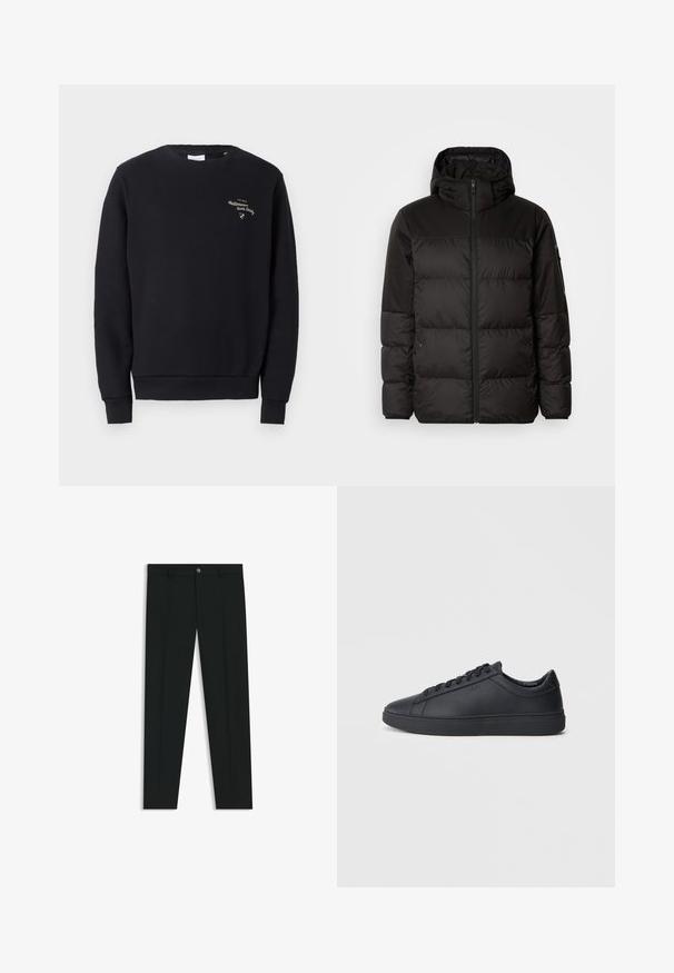 Svart puffjacka med blixtlås, huva, quiltade sektioner och elastiska mudd, tillverkad av ett slätt, vattentåligt material.; Svart sweatshirt i bomull, med rundad halsringning, ribbade muddar och nederkant, samt broderad text i guld på bröstet.; Svarta dressbyxor med rak bendesign, gjorda av ett mjukt tyg. Har stängning med frontknapp och bälteshällor. Enfärgade utan mönster.; Svarta sneakers i slätt läder med låg design, rund tå och platt gummisula. Har snörning och subtil branding.