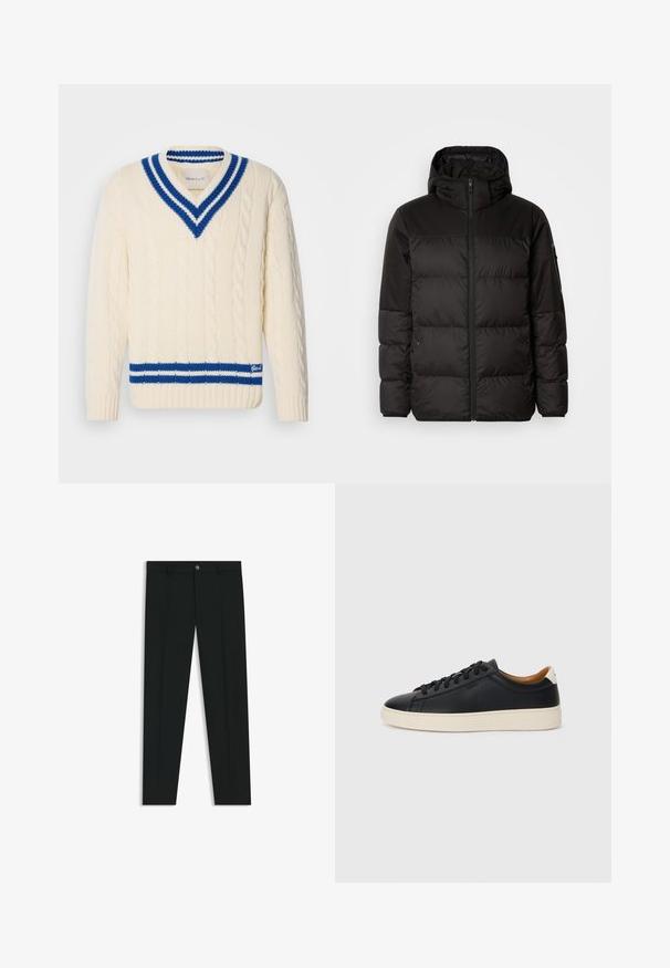 Musta puhvijakku sisältää vetoketjun, hupun, tilkuista koostuvia osioita ja joustavat hihansuut. Se on valmistettu sileästä, vedenpitävästä materiaalista.; Kerman värinen palmikkoneule, jossa on syvä V-pääntie ja sinivalkoiset raidat kauluksessa ja helmassa. Näyttää "Gant" sinisellä alareunassa.; Musta housut, joissa on suora lahje, valmistettu sileästä kankaasta. Edessä nappisulku ja vyölenkit. Yksinkertainen ilman kuvioita.; Mustat nahkasneakerit, joissa on sileä pinta, beige kumipohja, nauhakiinnitys ja erottuva kanta-aksentti.