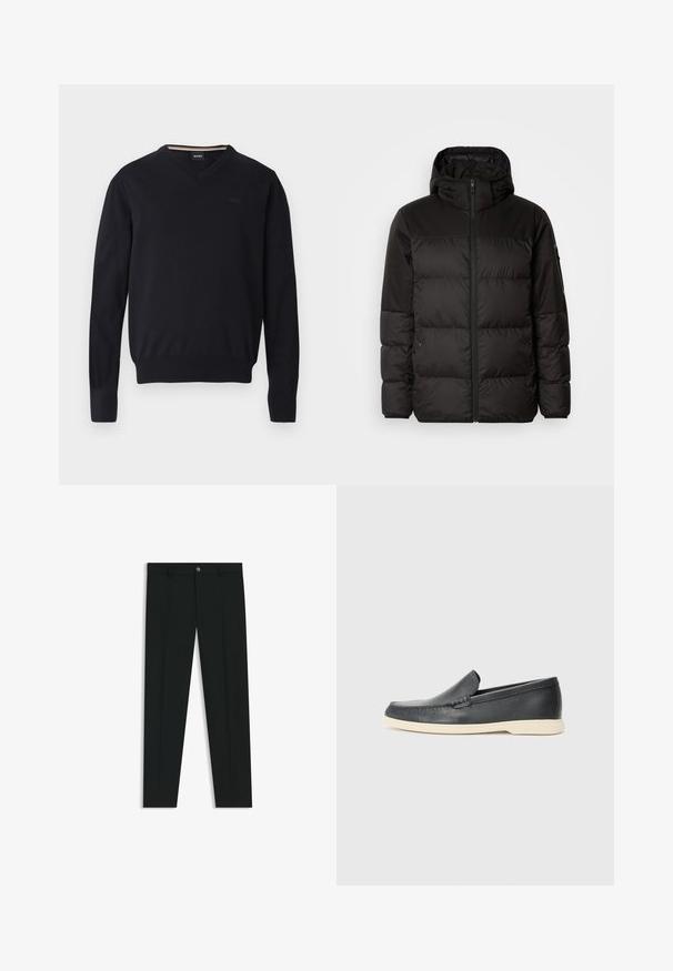 Black puffer jacket features a zip closure, a hood, quilted sections, and elastic cuffs, made from a smooth, water-resistant material.; Black v-neck sweater made of soft knit fabric. Features long sleeves, ribbed cuffs and hem, with embossed logo detail on the chest.; Black dress pants with a straight-leg design, made of smooth fabric. Features a front button closure and belt loops. Plain without patterns.; Black leather slip-on loafers with a textured finish and a contrasting beige rubber sole. Features a subtle accent along the front.