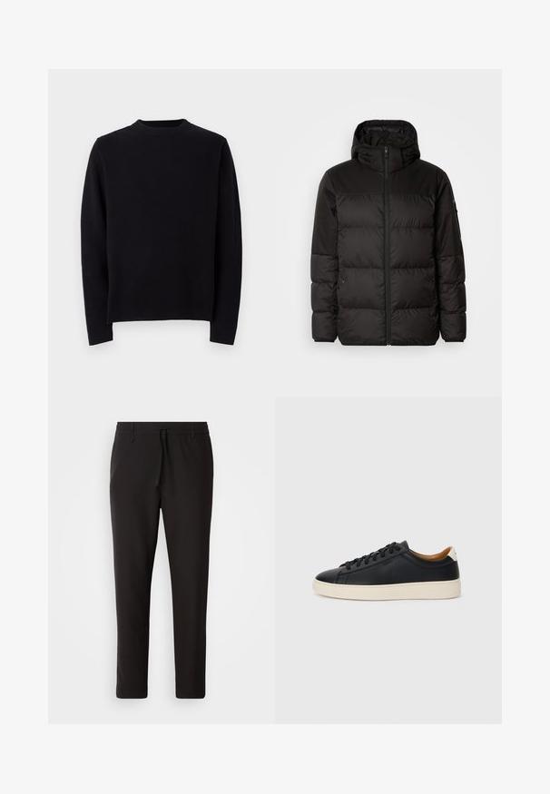 Crna puf jakna ima zatvaranje na zip, kapuljaču, kviltane dijelove i elastične manžete, izrađena je od glatkog, vodootpornog materijala.; Crna pletena sv sweater s dugim rukavima, okruglim rebrastim izrezom i ravnim krojem. Glatka tekstura bez vidljivih uzoraka ili akcenta.; Crne jogger hlače od glatkog materijala. Imaju elastičnu waistband s vezicom, sužene nogavice i bez vidljivih džepova. Jednostavan dizajn.; Crne kožne tenisice s glatkom teksturom, bež gumeni đon, dizajn s vezicama i kontrastni detalj na peti.