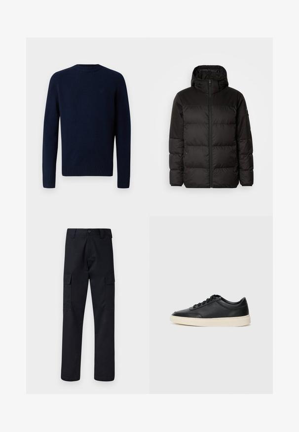 Mustikas puffer-jakk sisaldab tõmblukku, kapuutsi, tikandiga osi ja elastseid mansette, valmistatud siledast veekindlast materjalist.; Tumesinine kootud särk ümmarguse kaelusega, ribidetega varrukaotsad ja alläär. Sile tekstuur ja peene logo selja ülaservas. Lihtne disain.; Mustad mustad püksid, mis on valmistatud tugevast materjalist, sirge lõikega, kaht küljetaskut ja nööbiga sulgemist vöökoha juures.; Mustad musta nahast madal sneaker mustade nööpidega ja kreemivalge tallaga, nähtud külgprofiilis valge tausta ees.