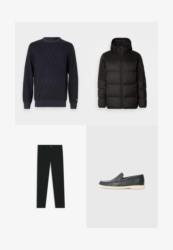 Black puffer jacket features a zip closure, a hood, quilted sections, and elastic cuffs, made from a smooth, water-resistant material.; Navy blue knitted sweater featuring a diamond pattern, round neckline, ribbed cuffs, and hem, with a small yellow logo on the left sleeve.; Black dress pants with a straight-leg design, made of smooth fabric. Features a front button closure and belt loops. Plain without patterns.; Black leather slip-on loafers with a textured finish and a contrasting beige rubber sole. Features a subtle accent along the front.
