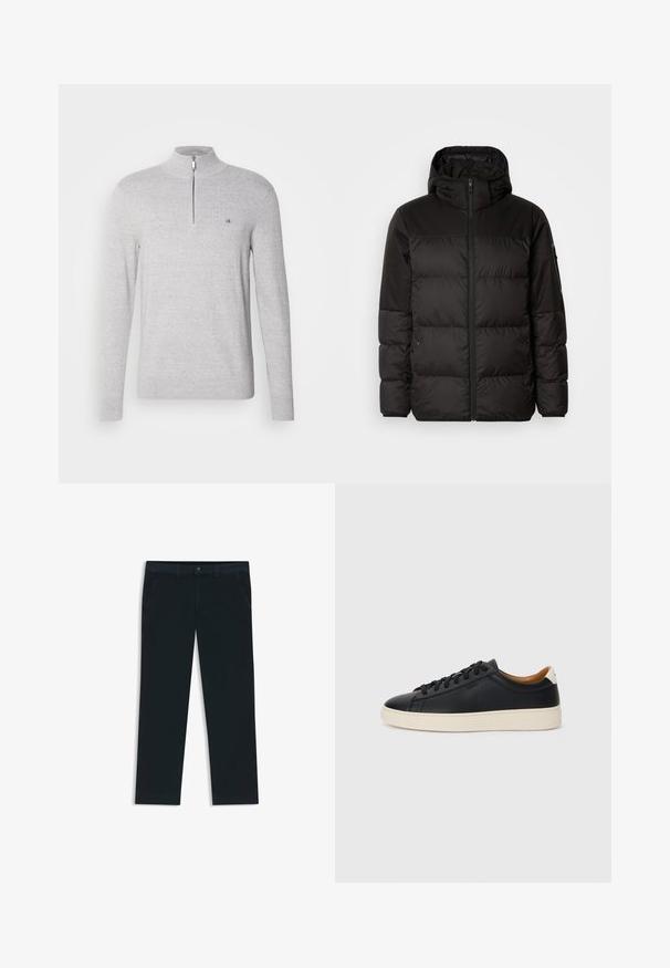 Zwarte pufferjas met ritsluiting, een capuchon, gequiltte secties en elastische manchetten, gemaakt van een glad, waterafstotend materiaal.; Grijze pullovertrui met een hoge kraag en een halve rits. Heeft een gestructureerde stof en een klein logo op de borst. Lange mouwen.; Donkerblauwe chino's gemaakt van een katoenmix stof. Voorzien van riemlussen, front pockets en een rits met knoopsluiting.; Zwarte leren sneakers met een gladde textuur, beige rubberen zool, vetersluiting en een contrasterende hielaccent.
