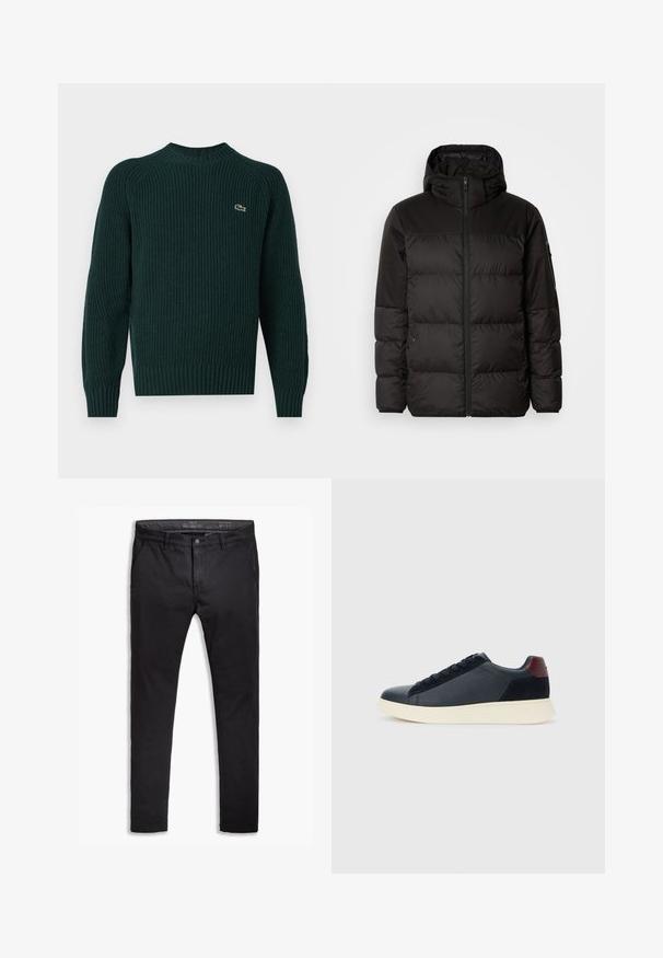 Geacă puffer neagră cu închidere cu fermoar, glugă, secțiuni quilted și manșete elastice, realizată dintr-un material neted, rezistent la apă.; Pulover tricotat de culoare verde închis, cu guler rotund, manșete și tiv cu dantelă, având un mic logo brodat pe partea stângă a pieptului.; Chino negre din bumbac cu o croială ajustată, având cinci buzunare, bucle pentru curea și o textură netedă. Mânecuță cu fermoar și închidere cu nasture.; Sneakeruri pentru bărbați, cu talpă joasă, din piele neagră și suede, cu tab cuum maron și talpă din cauciuc alb, văzute din partea exterioară.