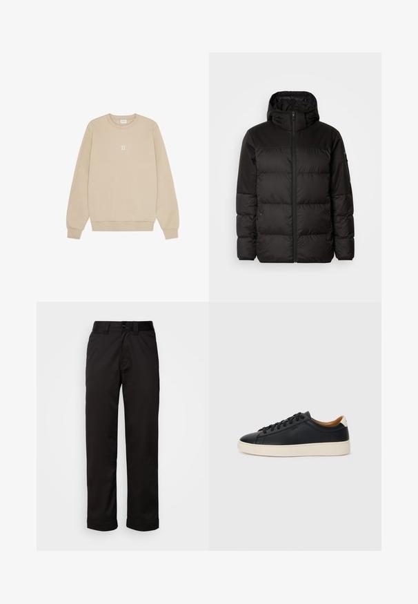 Black puffer jacket features a zip closure, a hood, quilted sections, and elastic cuffs, made from a smooth, water-resistant material.; Beige sweatshirt in soft fabric with a crew neckline, long sleeves, and a small white "II" graphic centered on the chest.; Black trousers made of smooth fabric, featuring a zip fly, button closure, and rolled cuffs for a casual design.; Black leather sneakers with a smooth texture, beige rubber sole, lace-up design, and a contrasting heel accent.