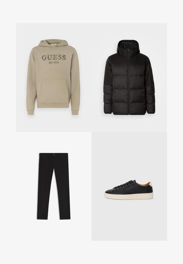 Svart puffjacka med blixtlås, huva, quiltade sektioner och elastiska mudd, tillverkad av ett slätt, vattentåligt material.; Beige hoodie i bomullsblandning, med en framficka i kangaroo-stil, ribbade muddarna och "GUESS EST.1981"-logotyp i kamouflage-textur.; Svarta byxor gjorda av tyg med en slät textur. Har en knäppning med knapp, bälteshällor och sidofickor. Standard rakt ben-design.; Svarta lädersneakers med en slät yta, beige gummisula, snörning och en kontrasterande hälackcent.