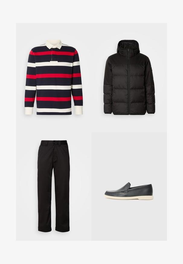 Schwarze Pufferjacke mit Reißverschluss, Kapuze, gesteppten Abschnitten und elastischen Bündchen, hergestellt aus einem glatten, wasserabweisenden Material.; Langarm-Polohemd mit horizontalen Streifen in Marineblau, Rot und Weiß. Verfügt über einen weißen Kragen und eine Knopf-Leiste, hergestellt aus strukturiertem Baumwollmaterial.; Schwarze Hose aus glattem Stoff, mit Reißverschluss, Knopfverschluss und umgeschlagenen Säumen für ein lässiges Design.; Schwarze Leder-Slipper mit strukturiertem Finish und einer kontrastierenden beige Gummisohle. Mit einem dezenten Akzent an der Vorderseite.