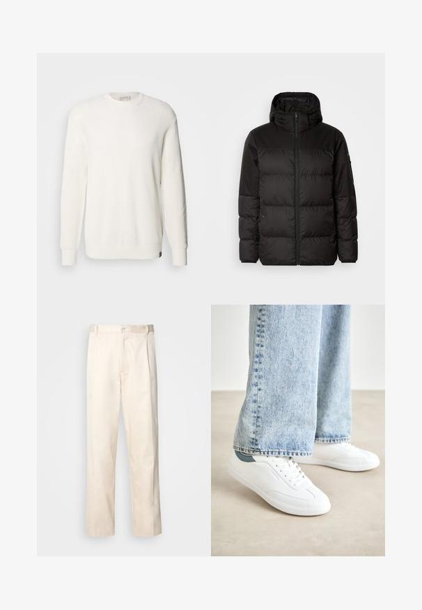 A fekete steppelt dzseki cipzáros záródással, kapucnival, steppelt részekkel és rugalmas mandzsettákkal rendelkezik, sima, vízálló anyagból készült.; Calvin Klein Jeans CREW - Pulóver - tofu; Beige pamut nadrág egyenes szárú kivágással, gombos záródással és elülső redőkkel a részletek fokozása érdekében.; Fehér sportcipők sima anyagból, fűzős kialakítással, texturált gumitalppal és türkiz színű akcentussal a sarkán, világoskék farmernadrággal párosítva.