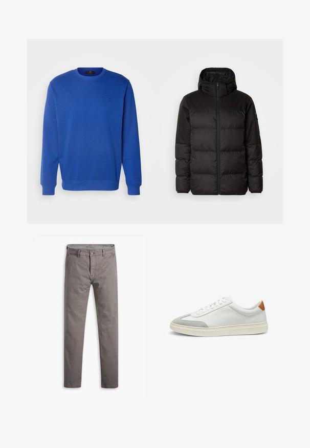 Il giubbotto puffo nero presenta una chiusura con zip, un cappuccio, sezioni trapuntate e polsini elastici, realizzato in un materiale liscio e resistente all'acqua.; Felpa blu con scollatura a girocollo, maniche lunghe e polsini a coste. Presenta un logo ricamato discreto sul petto. Tessuto misto cotone.; Chino grigi con una texture liscia, design a gamba dritta, stile a cinque tasche standard e bottone metallico in vita.; Sneakers bianchi in pelle con accenti in suede grigio e un tallone in pelle beige. Presentano una superficie testurizzata e una suola leggera.