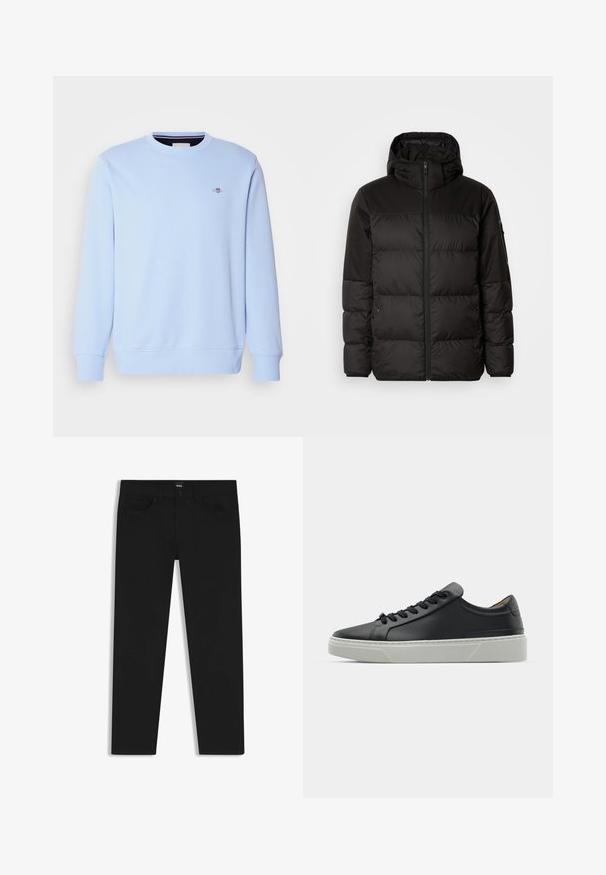Il giubbotto puffo nero presenta una chiusura con zip, un cappuccio, sezioni trapuntate e polsini elastici, realizzato in un materiale liscio e resistente all'acqua.; Felpa azzurro chiaro realizzata in tessuto morbido, con collo rotondo, maniche lunghe e un piccolo logo sul petto. Polsini e orlo a costine.; Pantaloni in denim nero con taglio dritto, dotati di vita standard, cinque tasche e chiusura con bottone. Texture liscia su tutta la superficie.; Sneaker in pelle nera con una texture liscia, punta rotonda e lacci neri. Presenta una suola in gomma bianca spessa con sottili accenti geometrici.