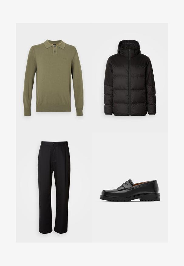 Černá péřová bunda má zipový uzávěr, kapuci, prošívané části a elastické manžety, vyrobená z hladkého, voděodolného materiálu.; Olivově zelená dlouhá polokošile z hladkého materiálu, s klasickým límečkem, dvoubotkovou légou a žebrovanými manžetami a lemem.; Černé kalhoty s rovnými nohavicemi, vyrobené z lehké tkaniny. Mají přední zapínání na knoflík a dvě boční kapsy; hladká textura.; Černé kožené mokasíny mají zvýšený šev, dvě dekorativní pásky na svršku a silnou strukturovanou podrážku pro lepší přilnavost.