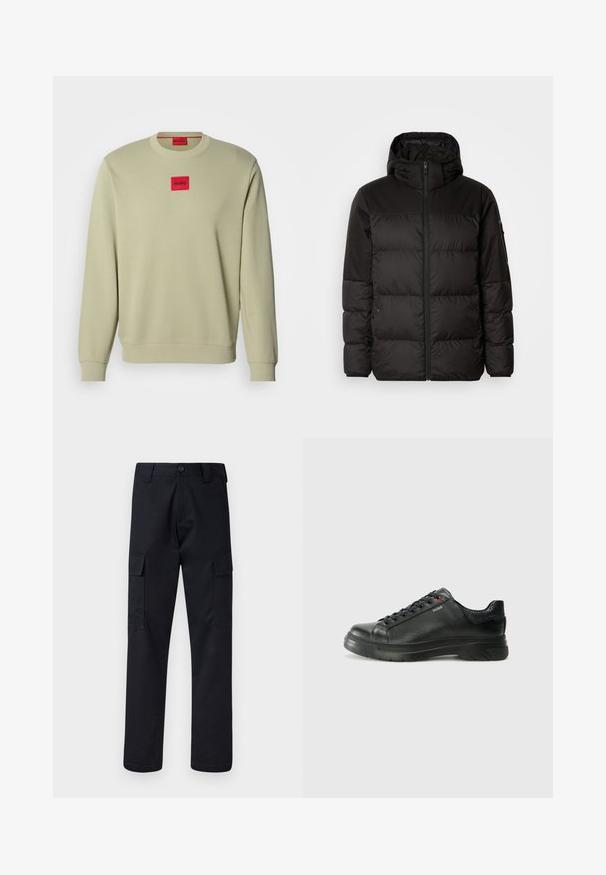Čierna prešívaná bunda má zips, kapucňu, prešívané sekcie a elastické manžety, vyrobená z hladkého, vodeodolného materiálu.; Svetlozelená mikina s okrúhlym výstrihom, rebrovanými manžetami a malým červeným vyšitým logom v tvare obdlžníka na hrudi. Mäkká textúra látky.; Čierne cargo nohavice vyrobené z odolnej tkaniny, s rovnými nohavicami, dvoma bočnými vreckami a zapínaním na gombík v páse.; Čierna kožená teniska s textúrovaným vrchom, polstrovaným golierom a červeným logom. Obsahuje hrubú gumovú podrážku s výrazným vzorom.