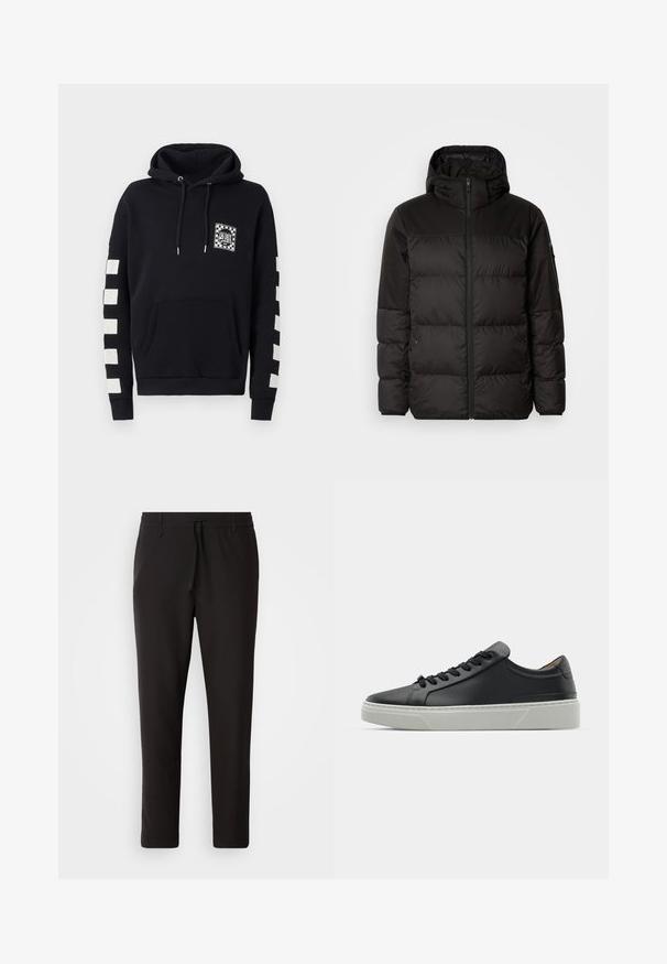 Juodas pūkinis švarkas turi užtrauktuką, gobtuvą, siūlinčius skyrius ir elastinius rankogalius, pagamintas iš lygaus, vandeniui atsparaus medžiagos.; Juodas gobtuvinė paplūdimio megztinis pagamintas iš medvilnės. Yra priekinė kišenė, juodai-balta dėmėta grafika ant krūtinės ir baltos kvadratinės dėmės žemyn rankovių.; Juodi džinsai, pagaminti iš lygaus audinio. Yra elastinė juosmens juosta su raišteliu, siaurėjantys džinsai, be matomų kišenių. Paprastas dizainas.; Juodas odinis sportinis batelis su lygiu paviršiumi, apvalia nosimi ir juodomis raišteliais. Yra storas baltas guminis padas su subtiliais geometriniais akcentais.