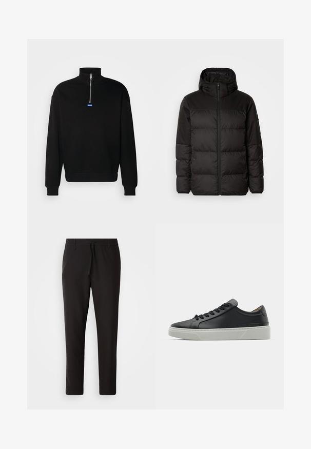 Črna zimska jakna ima zadrgo, kapuco, prešite odseke in elastične manšete, izdelana je iz gladkega, vodoodpornega materiala.; Črn pulover s kapuco, izdelan iz mehkega materiala, z visokim ovratnikom in pol-zip zapiranjem. Na prsih ima modro pravokotno logo.; Črne jogger hlače iz gladkega blaga. Imajo elastičen pas z vrvico, zožane hlačnice in brez vidnih žepov. Enostaven dizajn.; Črne usnjene teniske z gladko teksturo, okroglo konico in črnimi vezalkami. Imajo debel bel gumijast podplat s subtilnimi geometrijskimi poudarki.