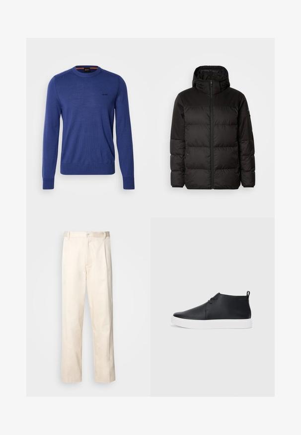 Mustikas puffer-jakk sisaldab tõmblukku, kapuutsi, tikandiga osi ja elastseid mansette, valmistatud siledast veekindlast materjalist.; BOSS AVAC - Džemper - open blue; Beesidised puuvillased püksid sirge jala lõikega, mis on varustatud nööpkinnituse ja ees olevate voltidega, et lisada detaili.; Mustmust mustatooted, millel on sile nahk, valge kummist tald ja lihtne nööridega kinnitamine. Tagaküljel on tõmbeosadega.