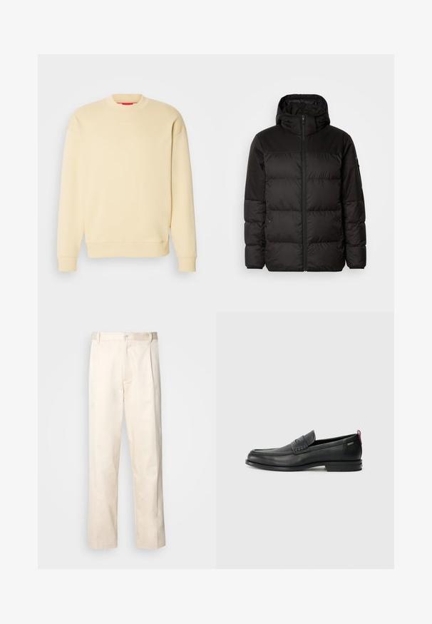 Geacă puffer neagră cu închidere cu fermoar, glugă, secțiuni quilted și manșete elastice, realizată dintr-un material neted, rezistent la apă.; Hanorac de culoare galben deschis, cu guler rotund, mâneci lungi și manșete ribbrate. Are un mic logo alb "HUGO" pe piept. Textură netedă.; Pantaloni din bumbac bej, cu croială dreaptă, dotati cu închidere cu nasture și pliuri în față pentru un plus de detaliu.; Loafers din piele neagră cu un panou frontal texturat și laterale netede. Dispune de un toc subțire și o buclă în spate pentru o purtare ușoară. Design clasic.