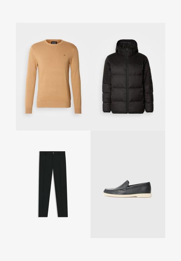 Sort pufferjakke med lynlås, hætte, quiltede sektioner og elastiske manchetter, lavet af et glat, vandafvisende materiale.; Beige crewneck sweater lavet af blødt strikmateriale, med lange ærmer og et lille logo broderet på brystet.; Sorte dressbukser med lige ben-design, lavet af glat stof. Har en frontlukning med knap og bæltestropper. Enkle uden mønstre.; Sorte læder slip-on loafers med en struktureret overflade og en kontrasterende beige gummisål. Har en subtil detalje langs forsiden.