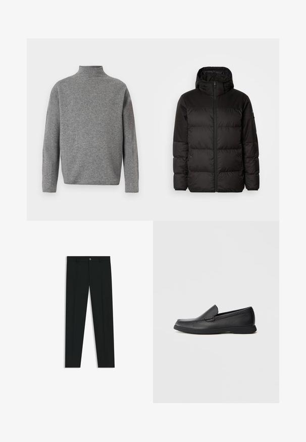 Svart puffjacka med blixtlås, huva, quiltade sektioner och elastiska mudd, tillverkad av ett slätt, vattentåligt material.; Grå turtleneck-tröja med långa ärmar, tillverkad av ett mjukt stickat material. Har en boxig form och ribbad halsdetalj.; Svarta dressbyxor med rak bendesign, gjorda av ett mjukt tyg. Har stängning med frontknapp och bälteshällor. Enfärgade utan mönster.; Svart läder slip-on loafers med texturerad ovandel, rund tå, låg klack och gummisulor, visad i sidoprofil mot vit bakgrund.