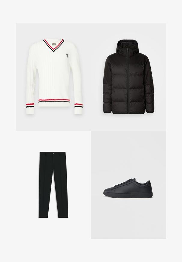 Zwarte pufferjas met ritsluiting, een capuchon, gequiltte secties en elastische manchetten, gemaakt van een glad, waterafstotend materiaal.; Witte kabelgebreide trui met een V-hals, voorzien van zwart-rode strepen op de kraag en manchetten, en een kleine geborduurde afbeelding.; Zwarte dresspants met een recht pasvorm, gemaakt van een gladde stof. Heeft een sluiting met een knoop aan de voorkant en ceintuurlussen. Effen zonder patronen.; Zwarte sneakers van glad leer met een lage schacht, ronde neus en platte rubberen zool. Voorzien van veters en subtiele branding.