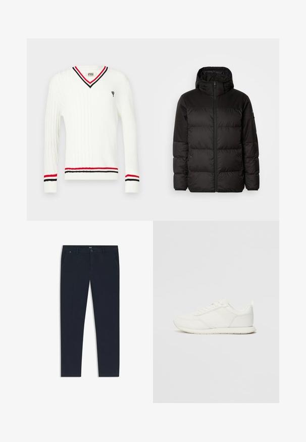 Il giubbotto puffo nero presenta una chiusura con zip, un cappuccio, sezioni trapuntate e polsini elastici, realizzato in un materiale liscio e resistente all'acqua.; Maglione bianco a trecce con scollo a V, caratterizzato da dettagli a righe nere e rosse sul colletto e sui polsini, con un piccolo ricamo decorativo.; Pantaloni blu navy realizzati in tessuto leggero, con un design a gamba dritta, tasche laterali e chiusura frontale con bottone e dettaglio del marchio.; Sneaker bianco con tomaia in rete e materiale sintetico, punta tonda, lacciuoli piatti e una striscia laterale testurizzata. Suola in gomma con linguetta sul retro.