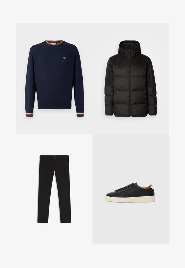 Schwarze Pufferjacke mit Reißverschluss, Kapuze, gesteppten Abschnitten und elastischen Bündchen, hergestellt aus einem glatten, wasserabweisenden Material.; Navyblauer Pullover mit Rundhalsausschnitt, gerippten Bündchen mit grünen, orangefarbenen und weißen Streifen sowie einem kleinen gestickten Logo auf der Brust.; Schwarze Hosen aus einem Stoff mit glatter текстуре. Verfügt über einen Knopfverschluss, Gürtelschlaufen und Seitentaschen. Klassisches Design mit geradem Bein.; Schwarze Ledersneaker mit glatter Textur, beiger Gummisohle, Schnürdesign und einem kontrastierenden Fersenakzent.