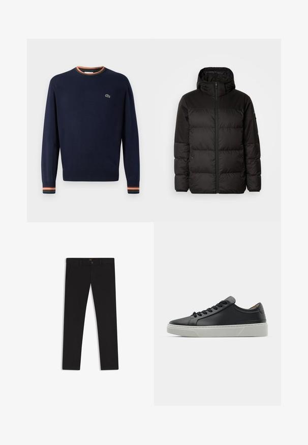 Zwarte pufferjas met ritsluiting, een capuchon, gequiltte secties en elastische manchetten, gemaakt van een glad, waterafstotend materiaal.; Navyblauwe trui met een ronde hals, ribgebreide manchetten met groene, oranje en witte strepen, en een klein geborduurd logo op de borst.; Zwarte broek van stof met een gladde textuur. Bevat een knoopsluiting, riemlussen en zijzakken. Standaard straight-leg ontwerp.; Zwarte leren sneaker met een gladde textuur, ronde neus en zwarte veters. Heeft een dikke, witte rubberen zool met subtiele geometrische accenten.