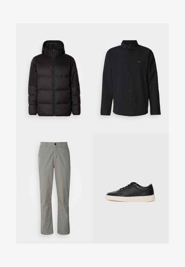 Sort pufferjakke med lynlås, hætte, quiltede sektioner og elastiske manchetter, lavet af et glat, vandafvisende materiale.; Sort langærmet skjorte med knaplukning og krave; har et diskret "BOSS" logo i matchende sort. Glat stof med en skræddersyet pasform.; Lys grå bukser lavet af letvægtsstof. De har en frontknaplukning, skrå lommer og et lige ben-design.; Sort lavt top lædersneaker med sorte snørebånd og off-white sål vist i sideprofil på hvid baggrund.