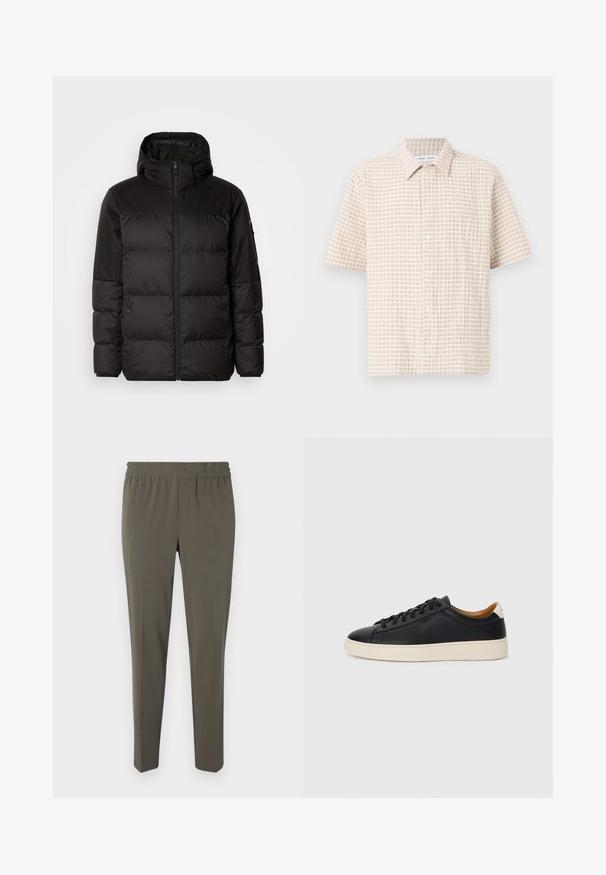 A jaqueta puffer preta apresenta um fecho zip, um capuz, secções acolchoadas e punhos elásticos, confeccionada em um material liso e resistente à água.; Camisa de manga curta, de cor bege clara, com um padrão de quadrados em castanho suave, fecho frontal com botões e colarinho clássico. Textura de tecido suave.; Calças em verde azeitona, feitas de tecido macio, com uma cintura elástica, pernas ajustadas e sem bolsos ou ferragens visíveis.; Tenis de couro preto com uma textura suave, sola de borracha bege, design de atar e um destaque no calcanhar em contraste.