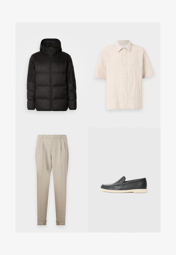 Mustikas puffer-jakk sisaldab tõmblukku, kapuutsi, tikandiga osi ja elastseid mansette, valmistatud siledast veekindlast materjalist.; Lühikeste varrukatega, heleda beeži värvi särk, millel on pehme pruuni tooni ruuduline muster, nupuvajutusega esiosa ja klassikaline krae. Sile kangas.; Beežid pliiditud püksid sileda tekstuuriga, eesnupu kinnitusega ja rullitud äärega. Kohandatud sobivus ja sirge jala disain.; Must musta sussid mustast nahast, millel on tekstuuriga pind ja kontrastne beež kummitald. Ees on peen aktsent.