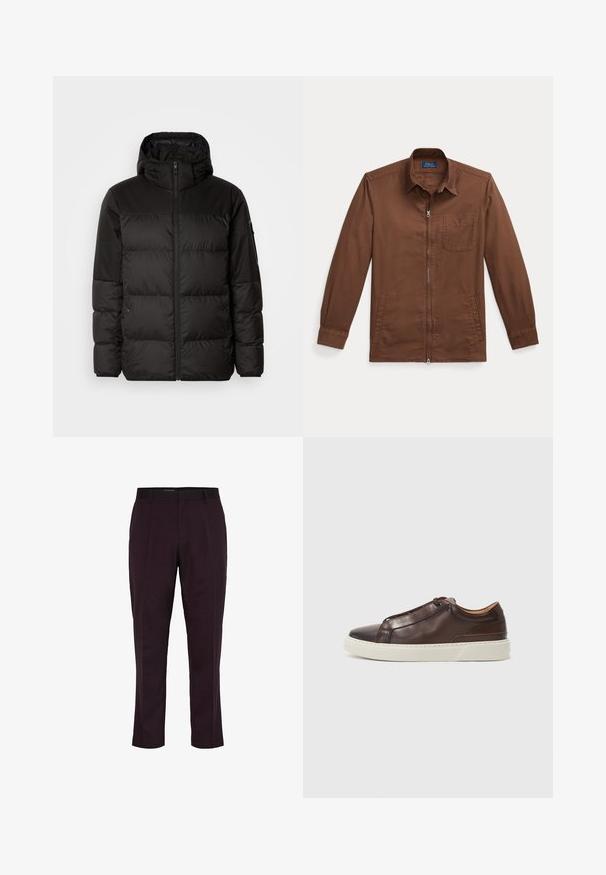 La doudoune noire est dotée d'une fermeture éclair, d'une capuche, de sections matelassées et de poignets élastiques, fabriquée à partir d'un matériau lisse et résistant à l'eau.; Veste zippée marron en tissu tissé, avec un col pointu, une poche poitrine et des poignets boutonnés. Design minimaliste et fonctionnel.; Pantalons plissés en tissu bordeaux foncé, à coupe droite, avec poches latérales et une taille lisse. Design simple et élégant.; Baskets en cuir marron avec un embout arrondi, semelle en caoutchouc blanc contrastante, accents cousus et sans lacets visibles. Texture lisse dans l'ensemble.