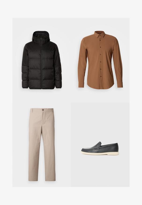 Mustikas puffer-jakk sisaldab tõmblukku, kapuutsi, tikandiga osi ja elastseid mansette, valmistatud siledast veekindlast materjalist.; Pikem varrukaga pruun särk, millel on nööpidest krae, sile tekstuur ja pruunid nööbid. Särgil on kaarjas ääre ja kohandatud lõige.; Beežid puuvillased püksid sirge lõikega, millel on tõmblukuga haare ja nööpkinnitus. Sile tekstuur, esipõlved ja minimalistlik disain.; Must musta sussid mustast nahast, millel on tekstuuriga pind ja kontrastne beež kummitald. Ees on peen aktsent.