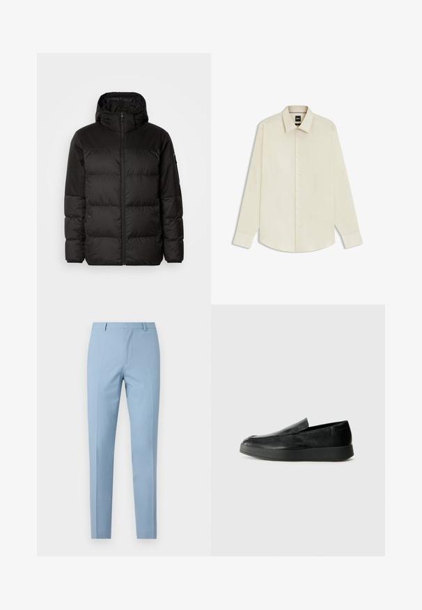 Zwarte pufferjas met ritsluiting, een capuchon, gequiltte secties en elastische manchetten, gemaakt van een glad, waterafstotend materiaal.; BOSS JOE KENT - Zakelijk overhemd - open white eleven; Lichtblauwe op maat gemaakte broek met een slim fit, gladde textuur, kreukvrij voorpand, nauwsluitende tailleband en ceintuurlussen. Geen zichtbare zakken.; Calvin Klein HYBRID CUP - Instappers - triple black