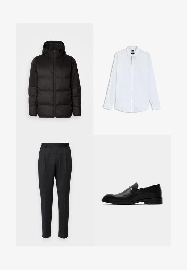 Il giubbotto puffo nero presenta una chiusura con zip, un cappuccio, sezioni trapuntate e polsini elastici, realizzato in un materiale liscio e resistente all'acqua.; Camicia bianca a maniche lunghe in cotone morbido. Presenta un colletto classico, chiusura con bottoni e polsini sartoriali. Design minimalista, senza motivi.; Pantaloni su misura realizzati in un tessuto scuro con un sottile motivo a quadretti, dotati di gamba dritta, pieghe e vita standard.; Mocassino da uomo in pelle nera con dettaglio in metallo, tacco basso e suola con marchio, mostrato di lato su uno sfondo bianco.