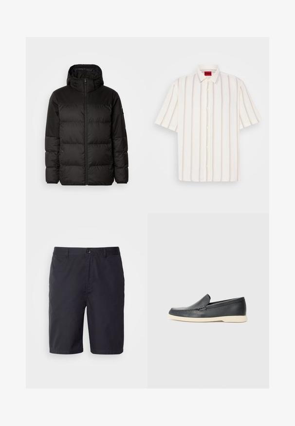 Il giubbotto puffo nero presenta una chiusura con zip, un cappuccio, sezioni trapuntate e polsini elastici, realizzato in un materiale liscio e resistente all'acqua.; Camicetta a maniche corte con bottoni, di colore bianco, con righe verticali in grigio chiaro e toni pastello, dotata di colletto tradizionale e texture morbida.; Shorts blu navy realizzati in cotone leggero, con chiusura a bottone, passanti per cintura e taglio dritto sopra il ginocchio.; Mocassini neri in pelle con finitura testurizzata e suola in gomma beige a contrasto. Presentano un accento sottile lungo la parte anteriore.