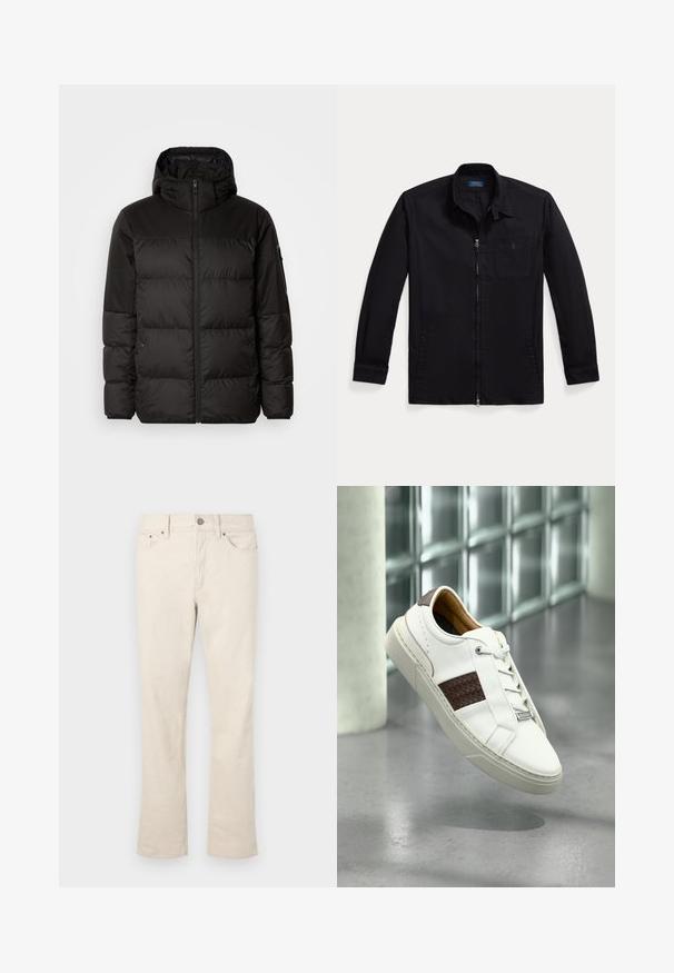 Il giubbotto puffo nero presenta una chiusura con zip, un cappuccio, sezioni trapuntate e polsini elastici, realizzato in un materiale liscio e resistente all'acqua.; Giacca nera in tessuto leggero, con zip davanti, colletto a punta e taschino sul petto sinistro con logo. Maniche lunghe con dettagli ai polsini.; Jeans beige in misto cotone con design a gamba dritta. Presentano una chiusura frontale con bottone e zip, cinque tasche e dettagli di cucitura discreti.; Sneaker in pelle bianca con un dettaglio intrecciato marrone, caratterizzata da lacci rotondi, suola in gomma testurizzata e elementi di design minimalisti.
