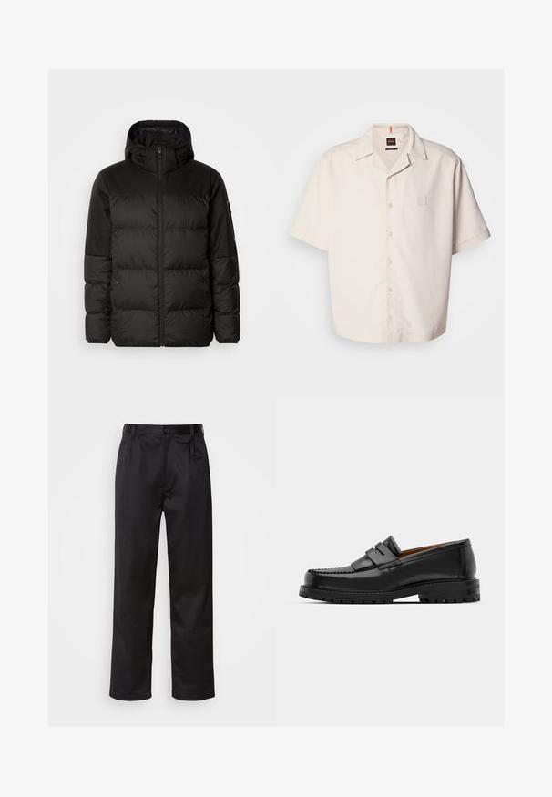 Geacă puffer neagră cu închidere cu fermoar, glugă, secțiuni quilted și manșete elastice, realizată dintr-un material neted, rezistent la apă.; Cămașă cu mâneci scurte, de culoare crem, cu nasturi, dintr-un material neted, având un buzunar mic în formă de pătrat cu logo și un design clasic al gulerului.; Pantaloni negri dintr-un material neted, cu închidere prin nasture frontal, pliseuri și picioare drepte. Fără modele sau accente vizibile.; Mocasinii din piele neagră au o cusătură ridicată, două bare decorative pe partea superioară și o talpă groasă texturată pentru o aderență suplimentară.