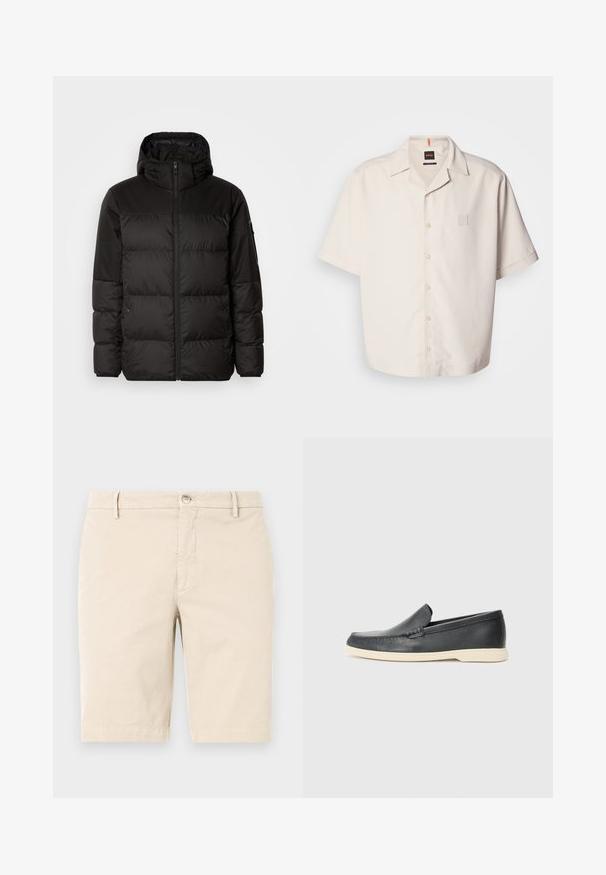 A fekete steppelt dzseki cipzáros záródással, kapucnival, steppelt részekkel és rugalmas mandzsettákkal rendelkezik, sima, vízálló anyagból készült.; Rövidujjú, krémszínű gombos ing sima anyagból, kis négyzet alakú logós zsebből és klasszikus gallérkialakításból készült.; Beige pamut rövidnadrág sima elülső résszel, cipzáras és gombos záródással, valamint oldalsó zsebekkel. Sima textúra és térd hosszúságú kialakítás.; Fekete bőr, slip-on stílusú loaferek, texturált felülettel és kontrasztos bézs gumitalppal. A frontrészén finom díszítéssel rendelkezik.