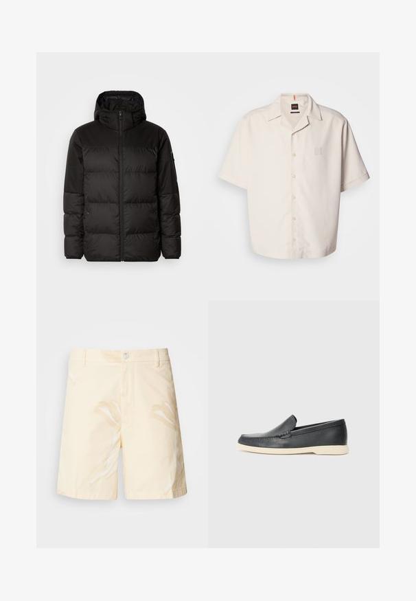 Crna puf jakna ima zatvaranje na zip, kapuljaču, kviltane dijelove i elastične manžete, izrađena je od glatkog, vodootpornog materijala.; Košulja kratkih rukava u krem boji s glatkom tkaninom, koja ima mali kvadratni logo džep i klasični dizajn ovratnika.; Pamuk kratke hlače u svijetložutoj boji s cvjetnim uzorkom. Imaju zatvaranje na gumb, prednje džepove i ravni kroj s obrubljenim rubovima.; Crne kožne cipele na slip-on s teksturiranim završetkom i kontrastnom bež gumom. Imaju suptilan naglasak duž prednje strane.