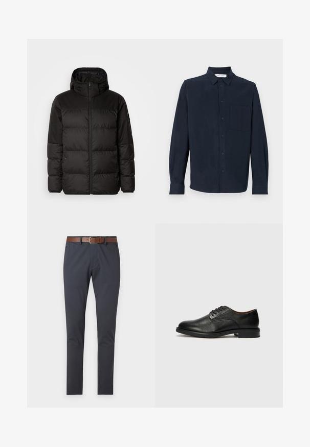 Juodas pūkinis švarkas turi užtrauktuką, gobtuvą, siūlinčius skyrius ir elastinius rankogalius, pagamintas iš lygaus, vandeniui atsparaus medžiagos.; Tamsiai mėlyna ilgomis rankovėmis marškiniai, pagaminti iš minkštos medžiagos, su mygtukų užsegimu, smailiu apykakle ir vienu krūtiniu kišeniu.; Tamsiai mėlynos chinos kelnės su lygiu paviršiumi, turinčios rudą odinį diržą su stačiakampiu sidabriniu sagtimi, pritaikytos figūrai ir be matomų raštų.; Tommy Hilfiger VOGUE LTH - Puošnūs suvarstomi batai - black