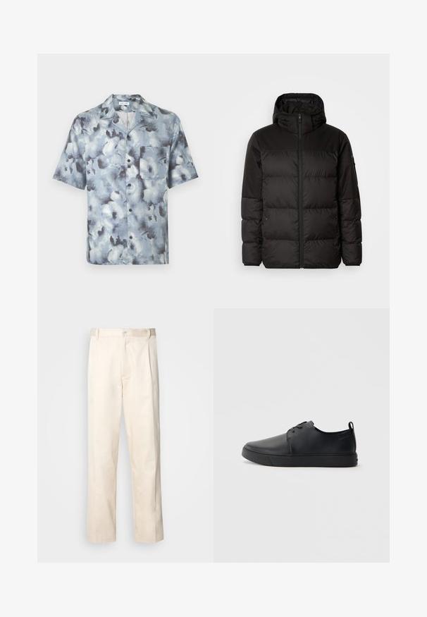 Schwarze Pufferjacke mit Reißverschluss, Kapuze, gesteppten Abschnitten und elastischen Bündchen, hergestellt aus einem glatten, wasserabweisenden Material.; Kurzärmeliges Hemd mit Knopfverschluss, weiter Kragen und Brusttasche in einem blau-grauen abstrakten Wolkenmuster.; Beige Baumwollhose mit geradem Bein, ausgestattet mit einem Knopfverschluss und Falten an der Vorderseite für zusätzliche Details.; Schwarze Leder-Sneaker mit glatter Oberfläche, abgerundeter Zehenpartie, gleichfarbiger Nähte, schnürbarem Vorderteil und flacher Gummisohle. Schlaufe an der Ferse.