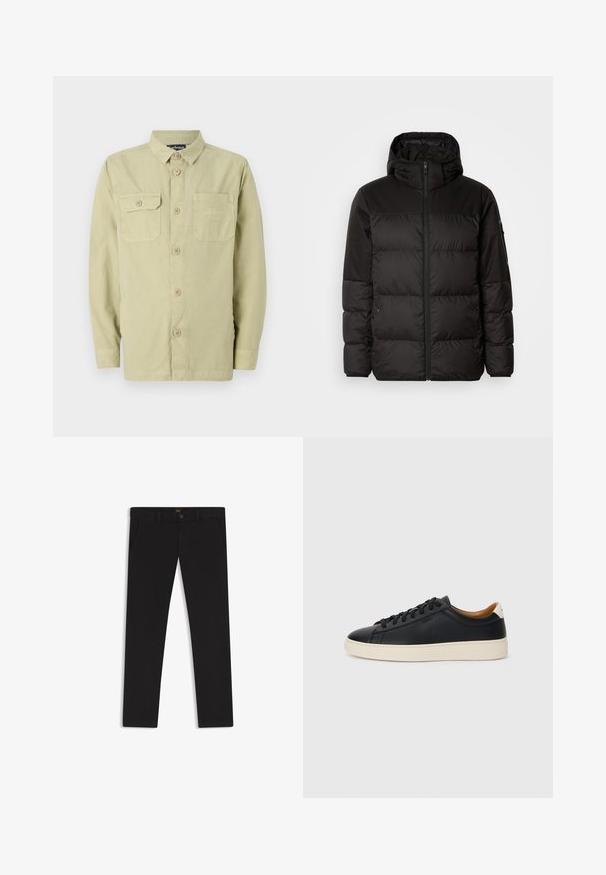 Zwarte pufferjas met ritsluiting, een capuchon, gequiltte secties en elastische manchetten, gemaakt van een glad, waterafstotend materiaal.; Lichtgroen overhemd met lange mouwen en een kraag, twee borstzakken, knoopsluiting aan de voorkant en een ontspannen pasvorm. Gemaakt van een gestructureerde stof.; Zwarte broek van stof met een gladde textuur. Bevat een knoopsluiting, riemlussen en zijzakken. Standaard straight-leg ontwerp.; Zwarte leren sneakers met een gladde textuur, beige rubberen zool, vetersluiting en een contrasterende hielaccent.